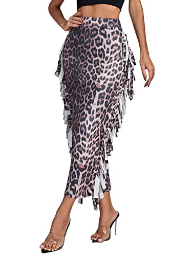 Lyaner Women's Fringed Side Tassels Elastic Waist Slim Bodycon Pencil Maxi Skirts Leopard X-Large #TOP3