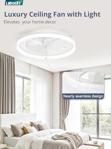 Image of LEDIARY Ceiling Fans with Lights, 23 inch Low Profile Flush Mount Ceiling Fan, Dimmable LED, APP & Remote Control, Quiet Reversible DC Motor, 6 Speeds, Fandelier for Bedroom, White