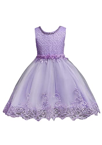 YMING Flower Girls Embroidery Princess Dress Wedding Party Lace Dress Crew Neck Prom Tutu Gown