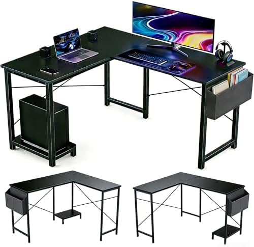 L Shaped Desk, 50 Inch Reversible Computer Desk Corner Gaming Table with CPU Stand & Storage Bag, Sturdy Metal Frame PC Workstation for Home Office