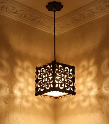 Image of Wooden Pendant Light Lamp, Jumar Light Lamp, Floral Pattern Shade, Decorative Ceiling Lamp | Home Living Room Decor | Wooden Night lamp Ceiling Lamp for Home Decor (6.5X6.5 Inch)