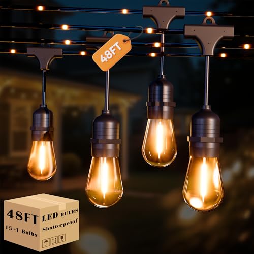 Outdoor String Lights with Lighted Tubing, 48 ft Outside String Lights with 16 (15+1spare) S14 Retro