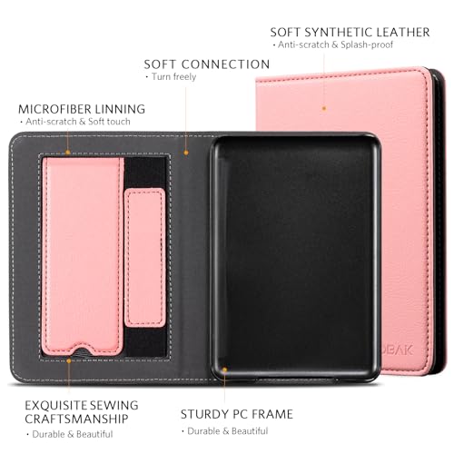 Image of CoBak Case for 6 inch E-Reader - PU Leather Smart Cover with Auto Sleep /Wake & Hand Strap, not Compatible with Kobo Clara,Lychee Pink