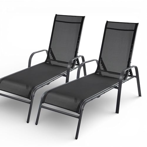 Pincho Tumbonas Jardin Exterior Hamaca, Muebles de Jardin, Tumbonas Piscina Reclinables, Sillas Terraza Exterior con Tejido Transpirable - Pack de 2, Reposabrazos, Metalica Negro/Antracita