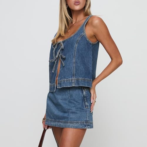 Women’s Two Piece Denim Outfits Sleeveless Tie-up Front Tops and Mini Skirt Set Clubwear4