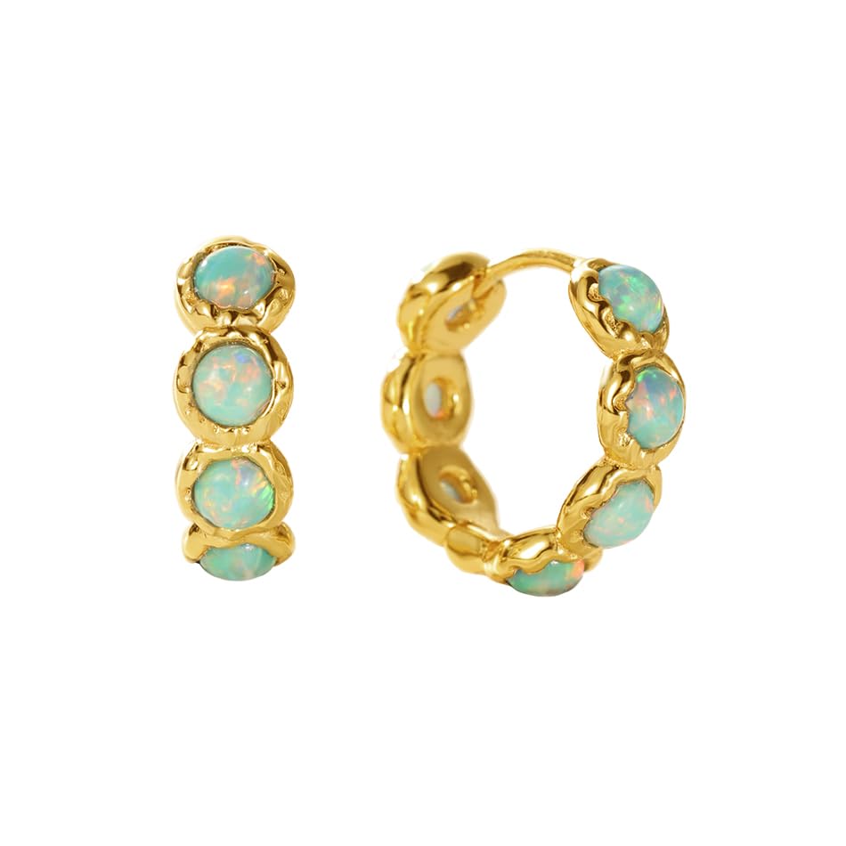 CAITLYNMINIMALIST 18K Gold Sterling Silver Hypoallergenic Dainty Iridescent Opal Gemstone Halo Small Mini Hoop Huggie Earrings for Women Jewelry Gift for Her