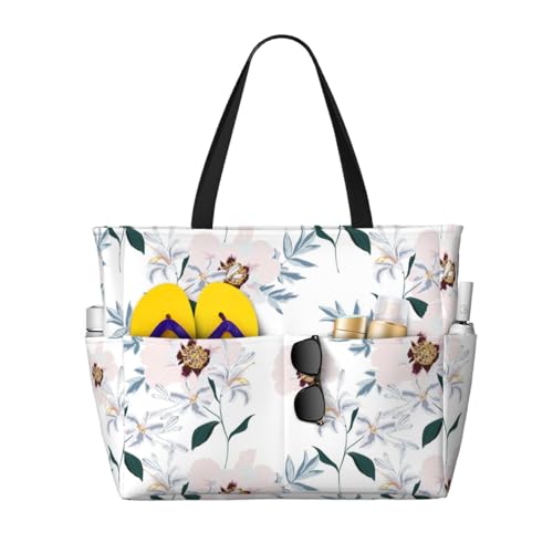 Grand sac de plage motif pivoine rose et fleurs sac cabas femme