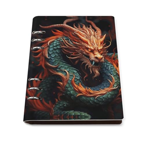 Cuaderno de hojas sueltas tamaño A5 de piel duradera con anillas y dragón