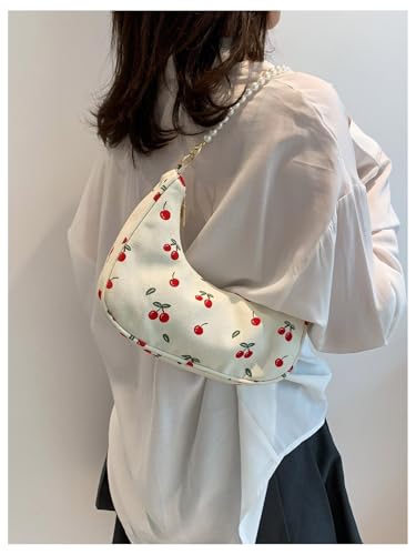 MakeMeChic Women's Cherry Print Pearl Crescent Shoulder Handbag Top Handle Zipper Underarm Bag2