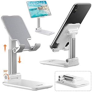 Tukzer Fully Foldable Tabletop Desktop Tablet Mobile Stand Holder – Angle & Height Adjustable for Desk, Cradle, Dock, Compatible with Smartphones & Tablets (White)