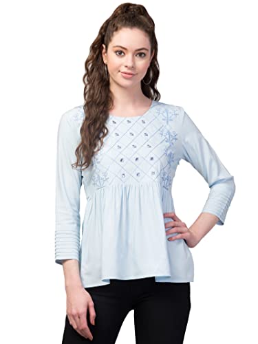 Image of FIMS - Fashion is my style Women Cotton Pleated & Gathered Embroidery Stone Full Sleeves Top Regular Fit Round Neck Tops for Girls