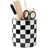 YOSCO Ceramic Checkered Pen Holder For Desk Cute Stand Gold Line Pencil Cup Pot Desk Organizer, Office Desktop Decor, Makeup Brush Holder for Girls,Women (Black-white)