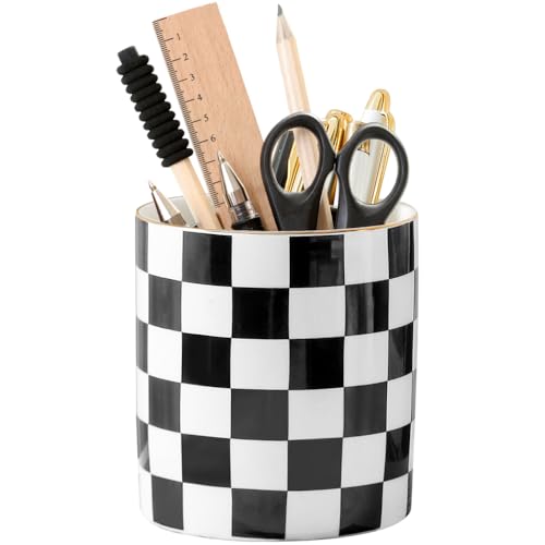 YOSCO Ceramic Checkered Pen Holder For Desk Cute Stand Gold Line Pencil Cup Pot Desk Organizer, Office Desktop Decor, Makeup Brush Holder for Girls,Women (Black-white)