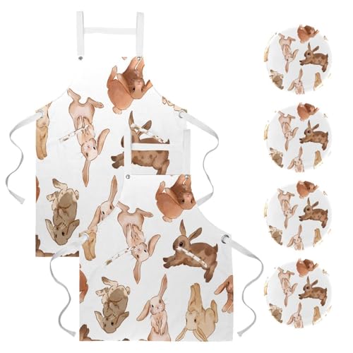 Tablier de cuisine motif lapins de Pâques blanc et marron lot de 2