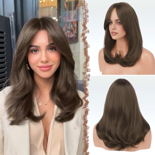 FESHFEN Brown Wigs with Curtain Bangs Medium Length Layered Wig for Women