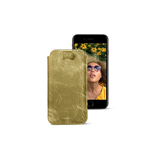 Lucrin - Funda Compatible con lengüeta para iPhone SE 2020/ iPhone 8/ iPhone 7 - Dorado - Piel Plata/Oro