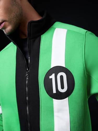 Image of The Souled Store Ben 10: Alien Force Men and Boys Full Sleeves Mock Neck Green and Black Graphic Printed Cotton Blend Regular Fit Lightweight Winter Casual Jacket