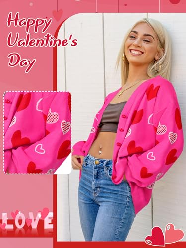 Image of Twistover Valentines Day Heart Cardigan Sweater Sequins Embroidery Hot Pink Heart Sweater Valentines Galentines Women Outfit