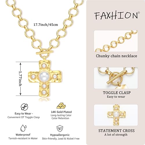 FAXHION Chunky Cross Necklace for Women, Gold Toggle Chain Statement Necklace with Hammered Cross Pendant, Vintage Chunky Necklace Jewelry Gift for Women — view 5