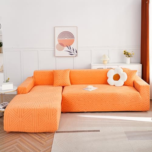 Housse canape d angle orange extensible 2 places en tissu doux lavable