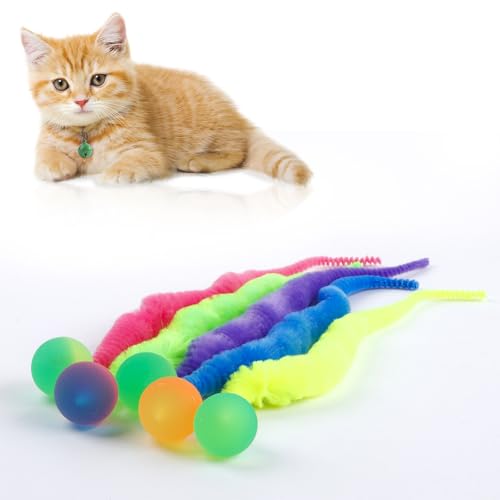 YISHANGFA Bouncy Balls for Cats 5 Pack?Fuzzy Worm Cat Worm Toys with Ball?Magic Worm Bouncy Ball with Tail Cat Toy