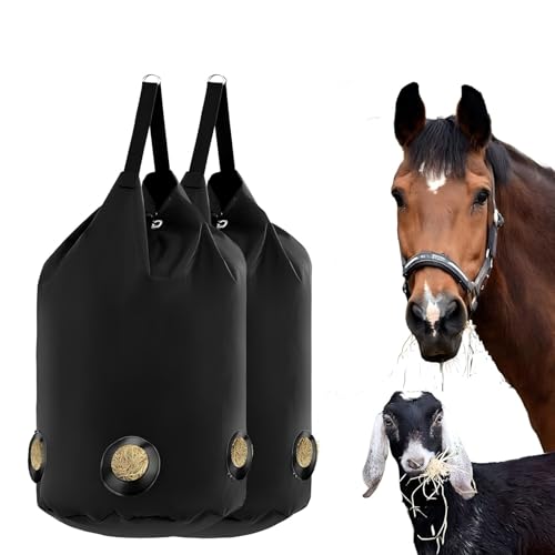 2 Pack Goat Hay Feeder, Slow Feed Hay Bag for Horses, Sheep, Donkey, Cows, Alpacas and Ostriches, Premium Oxford Waterproof Fabric, Circle Leather Reinforced 5 Open Feeding Hole for Resist Biting