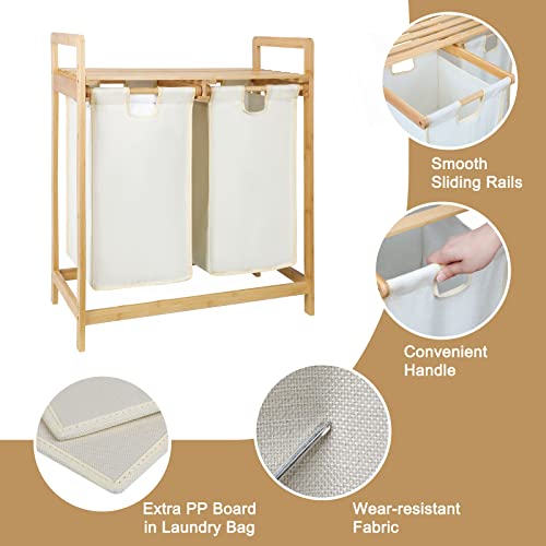 Bellzacasa Bamboo Laundry Hamper Shelf 2 Section Hamper Laundry Basket Bamboo Laundry Organizer With 2 Removable Beige Liner Bag For Bathroom Living Room Bedroom #TOP3