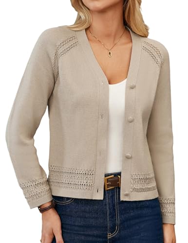 GRACE KARIN Crochet Cardigans for Women Lightweight Cotton Outfits Long Sleeve V-Neck Sweater Fall Clothes (Apricot,XL)