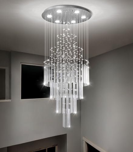 HAIXIANG W20 x H40 Crystal Glam Chandelier Long Light Chandeliers with Dimmable Light Bulbs High Ceiling Light Fixtures for Foyer Entryway Living Room Stair Silver