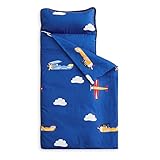 Wake In Cloud - Toddler Nap Mat with Pillow and Blanket, for Kids Boys Ages 3 Plus in Kindergarten Daycare Preschool, Roll Up Sleeping Bag, Colorful Toy Airplanes, Blue White, Standard