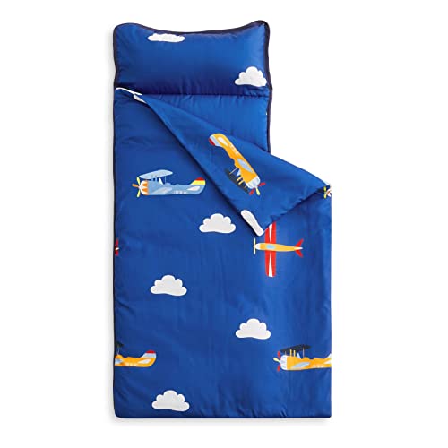 Wake In Cloud - Toddler Nap Mat with Pillow and Blanket, for Kids Boys Ages 3 Plus in Kindergarten Daycare Preschool, Roll Up Sleeping Bag, Colorful Toy Airplanes, Blue White, Standard