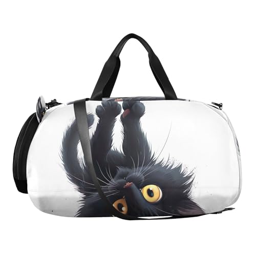 YETTASBIN Sport Travel Duffel Bag for Girls Boys, Black Cat Large Waterproof Weekender Overnight Bag, Detachable Shoulder Strap Gym Bag with Shoe Compartment & Wet Pocket2