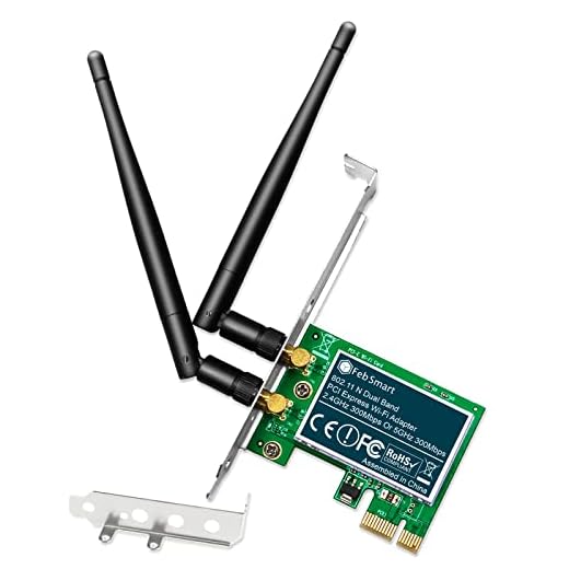 FebSmart Wireless N Dual Band 600Mbps (2.4GHz 300Mbps or 5GHz 300Mbps) PCIE WiFi Adapter for Windows 11, 10, 8.x, 7, XP (32/64bit) and Windows Server Desktop PCs, 2X2 MIMO PCIE WiFi Card (FS-N600)