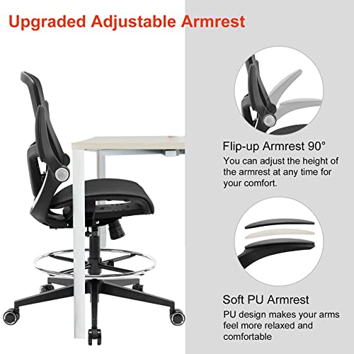 Luckyear Drafting Chair,Ergonomic Drawing Chair,Mesh High Desk Chair,Counter Height Desk Chair,Big And Tall Office Chair With Adjustable Foot Ring,Standing Desk Chair With Lumbar Support (Black) #TOP5
