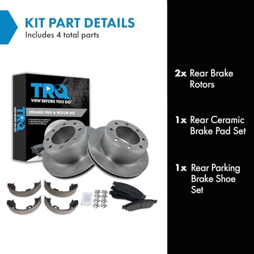Image of TRQ Rear Brake Pad & Rotor Kit Parking Brake Shoe Set Ceramic Compatible with 2011-2012 Ford F-250 Super Duty F-350 Super Duty