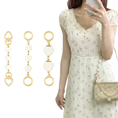 Neylissia 3Pcs Bag Extender Chain Set for C oach Bag,Gold Metal Purse Strap Extender with White Strawberry & Rose Charms, Replacement Chains for Handbags, Shoulder Bags, Crossbody Bags