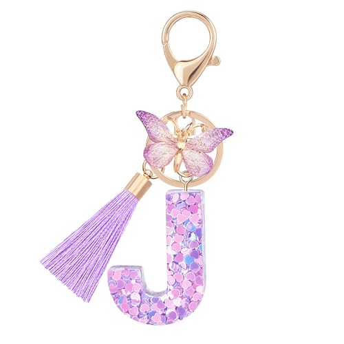 New Fashion Kingdom Initial letter Keychains for Women Girls Tassel Butterfly Cute Car Keychain for Wallet Backpack bag charm accessories (J-Purple Heart Butterfly)