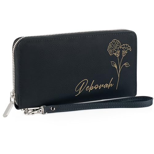 Personalized Women's Wallet with Name & Birth Flower - Customized Wristlet Wallet, Custom Engraved Bifold, 11 Card Slots, Zipper Coin Pocket - Black - Gift for Her, Wife, Mom, Daughter