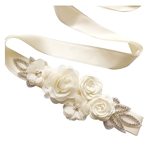 Sash Belt with Flowers Pearls Rhinestone for Wedding Bride/Baby Shower Dress Flower Girls Sash Belt Headband Set