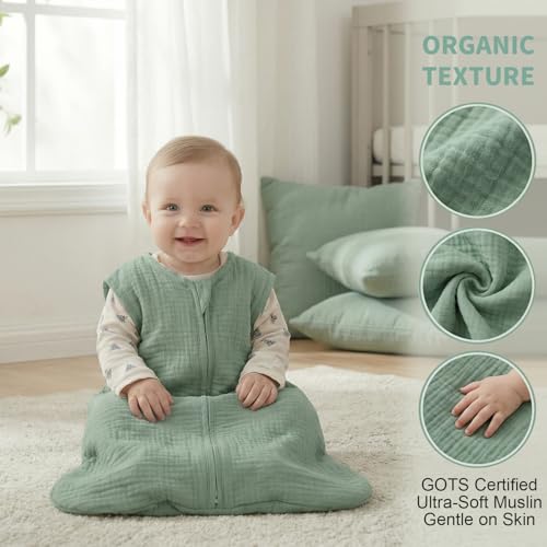 Image of BSTOPPT 2 Pack Baby Sleep Sack 0-6 Months 100% Organic Cotton Muslin Baby Sleeping Bag 2-Way Zipper Wearable Blankets TOG 0.3 (Green & Leafy Cherry, Small)