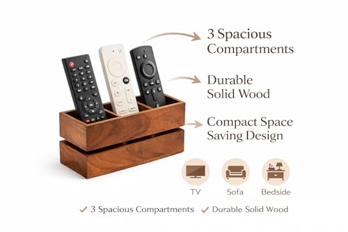 Image of Craft Expertise Wooden Remote Control Holder Stand for Living Room & Bedroom | 3 Compartment Remote Organizer for TV, Sofa & Side Table | Brown Wooden (Medium)