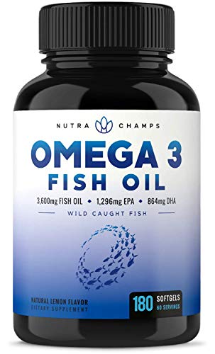 Omega 3 Fish Oil 3600mg, 180 Capsules - EPA 1296mg, DHA 864mg Fatty Acids - Omega-3 Burpless Pills - Highest Concentration Available for Joint Support, Immune, Heart Health, Brain, Eyes, Skin