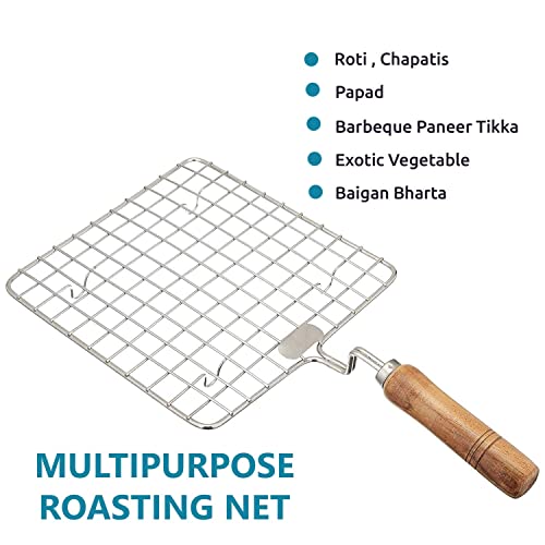 Image of Steel Size 17 cm Square Papad Roaster Chapati Roti Jali Barbeque Grill with Wooden Handle (1 Pc)