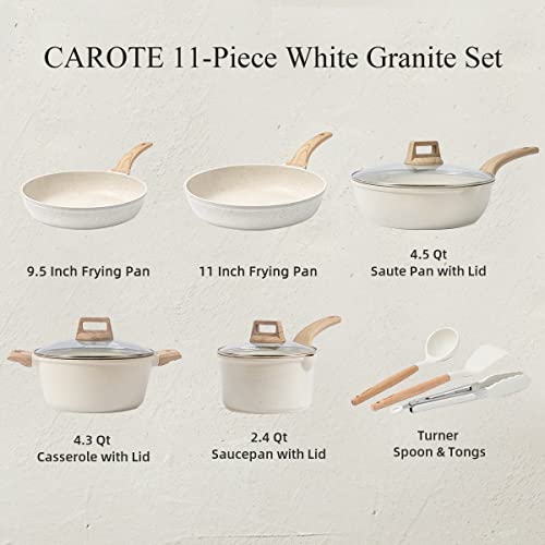Carote Pots And Pans Set Nonstick, White Granite Induction Kitchen Cookware Sets, 11 Pcs Non Stick Cooking Set W/Frying Pans & Saucepans(Pfos, Pfoa Free) #TOP1