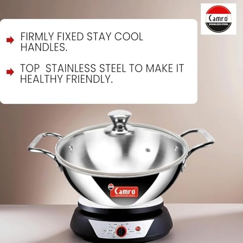 Image of Camro Triply Artisian kadhai with Glass Lid | Kadhai for Deep Frying | Kadhai Induction Base | Kadai for Cooking Stainless Steel | Induction Friendly Dishwasher Safe (5.8 Liters)