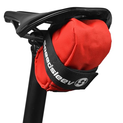 Image of SpeedSleev Ranger Medium Bike Saddle Bag - Compact Under Seat Cycling Pack for Road, Gravel & MTB - Waterproof, Rattle-Free Tool Storage - Lightweight Bike Gear Bag with Reflective Safety Strap - Red