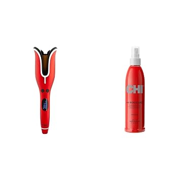 CHI Spin N Curl Ceramic Rotating Curler, Ruby Red. Ideal for Shoulder-Length Hair Between 6-16 inches. & 44 Iron Guard Thermal Protection Spray, Clear, 8 Fl Oz