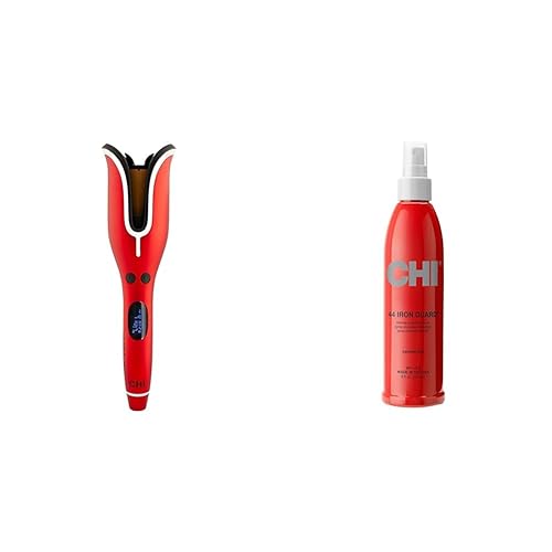 CHI Spin N Curl Ceramic Rotating Curler, Ruby Red. Ideal for Shoulder-Length Hair Between 6-16” inches. & 44 Iron Guard Thermal Protection Spray, Clear, 8 Fl Oz - Ruby Red - Hair Curler + Spray 8FlOz