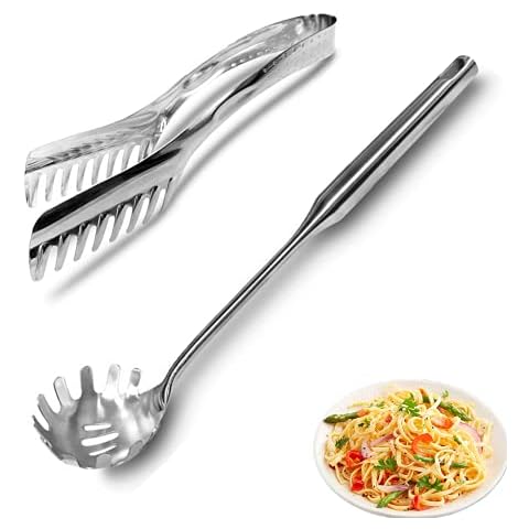 IAXSEE 2 Stück Edelstahl Pasta Spaghetti Sever Set, Edelstahl Spaghetti Löffel & Pasta Zange, Hitzebeständig Pasta Sever für Nudeln Pasta Spaghetti Kochen Backen Cover