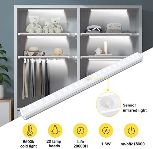 EXTRASTAR LED Under Cabinet Lights USB Rechargeable, 1.6W 20 LEDs Motion Sensor Cupboard Light, 6500K Cool White, Magnetic Tape Closet Stair Lights for Wardrobe Hallway Storage Drawer